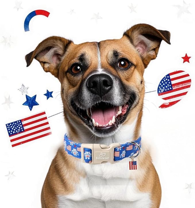4th of July Dog Collar, Robot Star-Spangled Patriotic Dog Collars for Giant Large Dogs, Adjustable Lightweight Quick-Release Buckle Collar for Boy&Girl Dogs XL