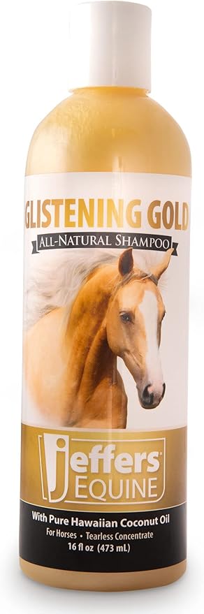 Jeffers Equine Glistening Gold Horse Shampoo, 16 oz –All Natural Tearless Shampoo for Horses, Moisturizing with Vitamin E & Coconut Oil, Best for Shiny Coat & Sensitive Skin, Detergent Free