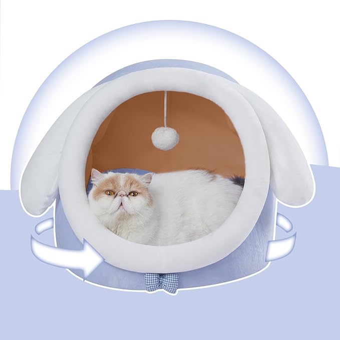 Jiupety Cute Cat Bed for Indoor Cats, Warm Soft Cave Fit for Many Cats and Puppy, Big Ear, L
