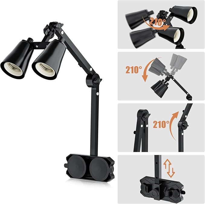 Dual Reptile Lamp Stand with Suction Cups, Adjustable Bracket for Terrariums, Dual‑Head Heat & Basking Lamp Holder with Ceramic Sockets and Separate Switches