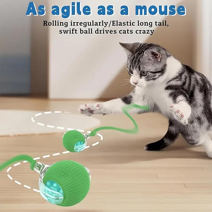 Interactive Cat Toys Ball for Indoor Cats, Self Moving Cat Toys Electric Rolling Balls, Realistic Mouse & Chase for Hunting and Exercise (Green)