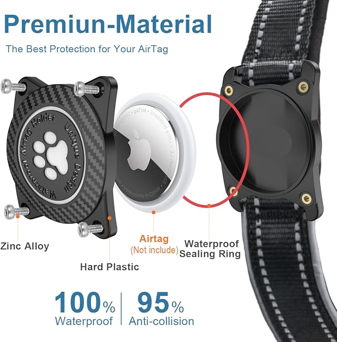 Airtag Dog Collar with Waterproof Air Tag Holder, Luminous Reflective, Soft Padded, Adjustable Nylon Pet Collar for Small Medium Large Heavy Duty Dogs,Black, XL