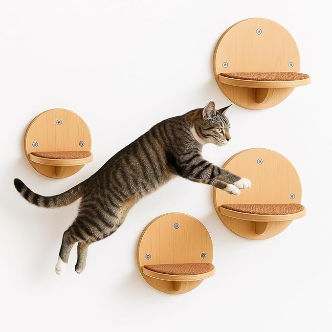 Cat Wall Shelves - Round Floating Cat Wall Steps with Scratch Pads, up to 20Lbs. Saving-Space Decorative Wall-Mounted Cat Furniture for Climbing, Playing & Resting - Solid Natural Wood by INSTINTO