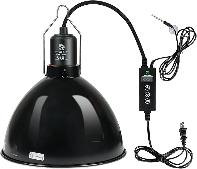 Reptile Light Fixture with Dimming Thermostat, 8.5 Inch Deep Dome Light Fixture with Timer, Reptile Aluminum Dome Fixture for Basking/Heat/UVA/UVB Lamp Bulb