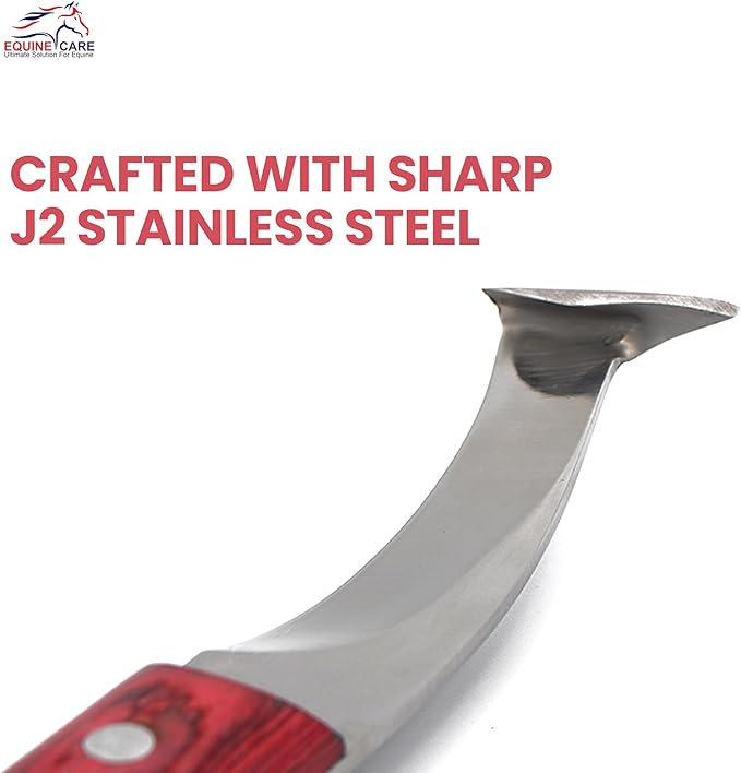 Equine Care Hoof Knife - J2 Japanese Steel Blade with Hoof Pick, Brass Topper Sheet Handle - Farrier Tool for Horse & Cow Hoof Care, Shoeing, Trimming, and Supplies. (Right-Handed)