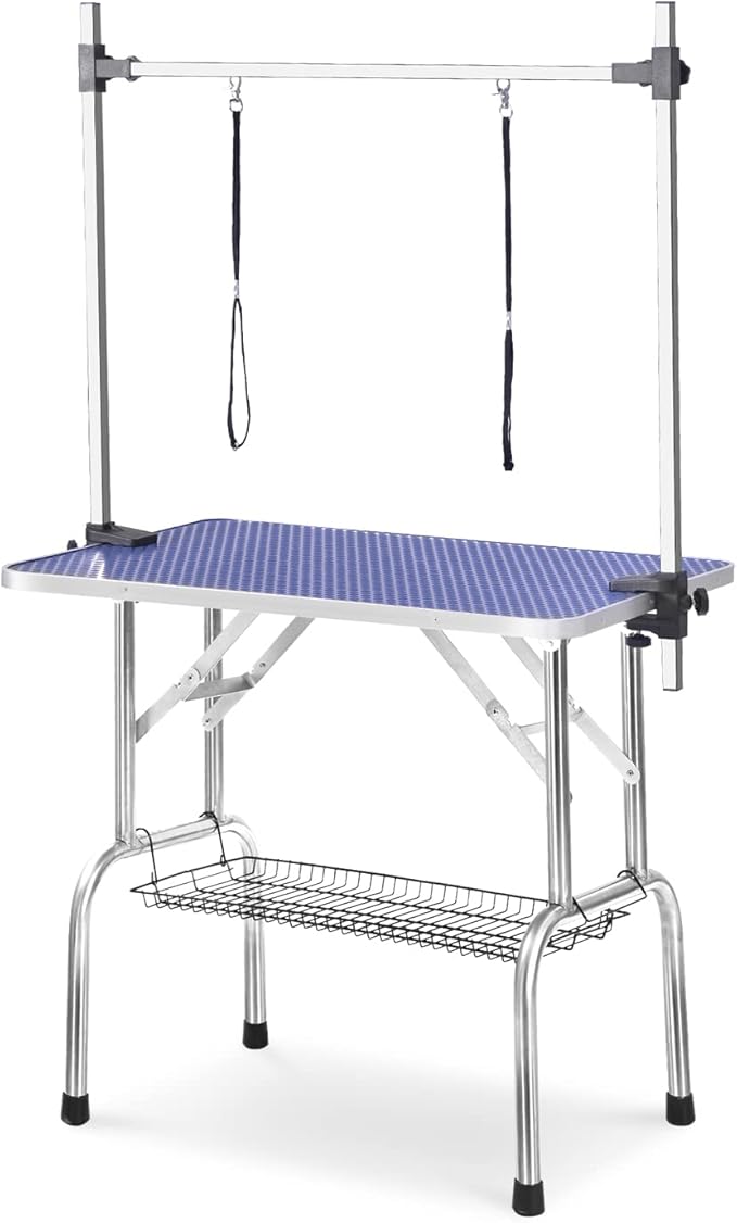 SoarFlash Pet Dog Grooming Table Foldable,Heavy Duty Foldable Pet Grooming Table with Arm & Noose & Mesh Tray, Maximum Capacity Up to 330lbs, 36inch, Blue