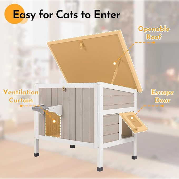 Insulated Outdoor Cat House,Wooden Cat House Weatherproof with All-Round Foam Insulation, 2 Doors, Feral Cats Shelter for Winter, 30.7''x21.6''x25.6''