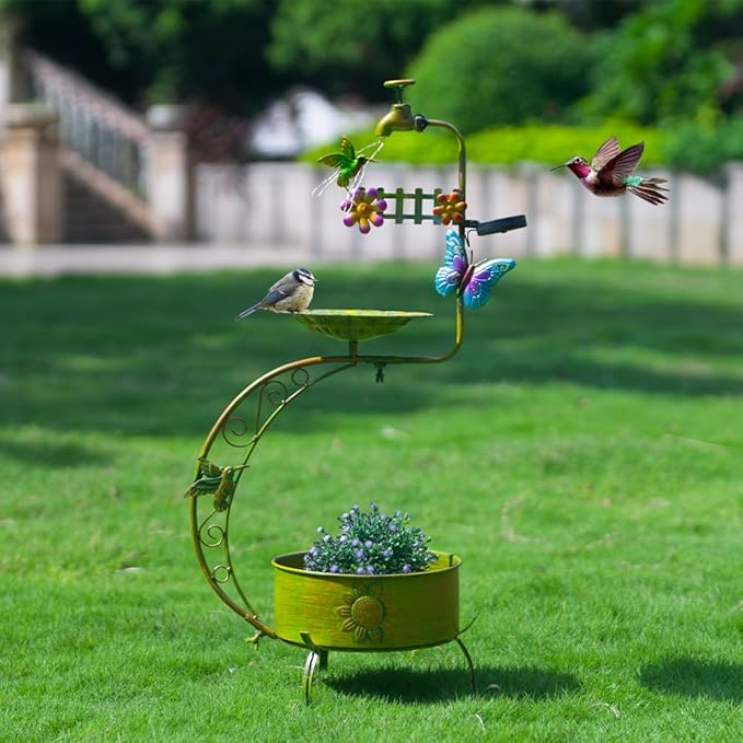 VEWOGARDEN Bird Bath for Outside, Solar Metal Outdoor Standing Birdbath with Flower Planter for Garden, Yard, Patio Decor, Green