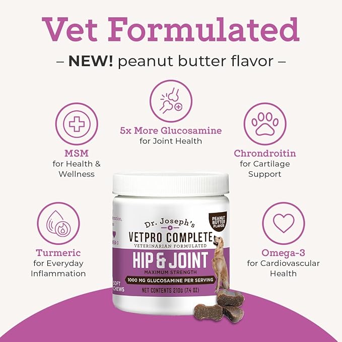 Dr. Joseph's VetPro Complete Peanut Butter Hip and Joint Dog Chews, 60 Count, Pain and Inflammation Relief with Glucosamine, Chondroitin, MSM, Turmeric, Vitamin C, Omega 3, Treats Hip Dysplasia