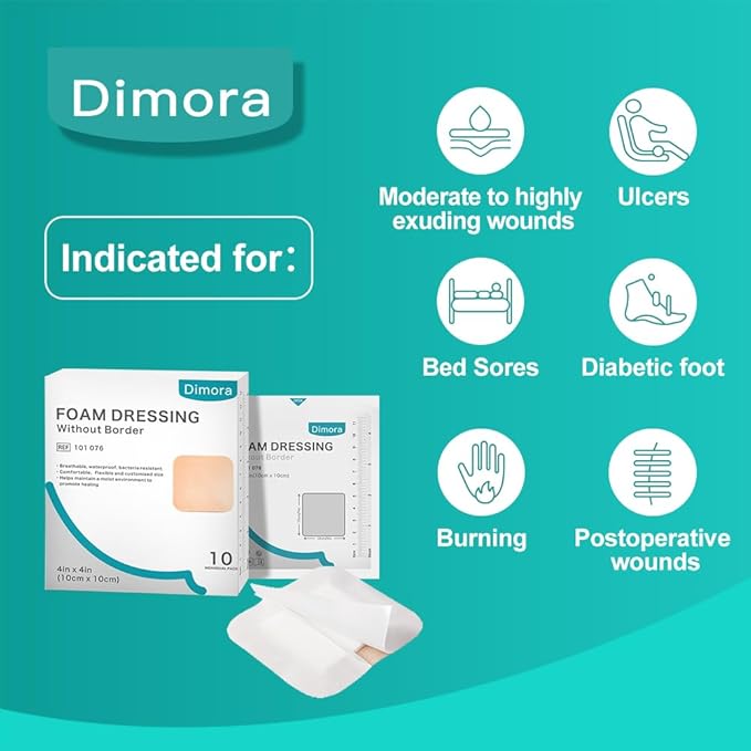Dimora Foam Dressing, Sterile Non-Adhesive Hydrophilic Pads, Highly Absorbent 4"x4"(10 cm*10 cm) Pack of 10 Square Waterproof Dressing for Wound Care