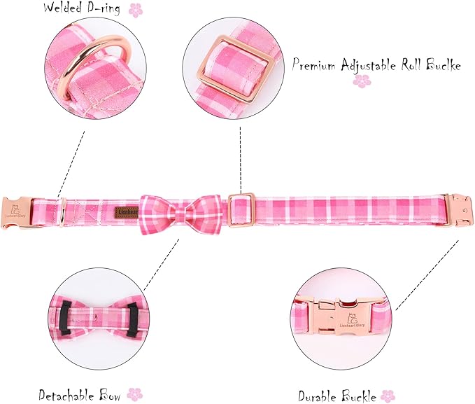 Lionheart glory Pink Plaid Dog Collar, Adjustable Dog Collar with Bowtie, Pet Gift Girl Collar for Dog Soft Bowtie Dog Collars for Large Dogs