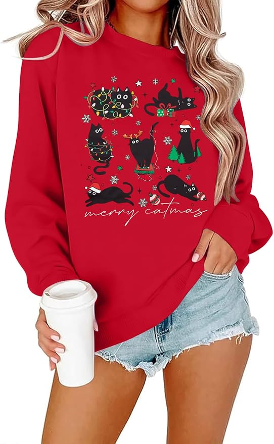 FRYAID Cat Sweatshirt Women Funny Black Cat Graphic Sweater Casual Cat Crewneck Holiday Long Sleeve Hoodie Pullover Top