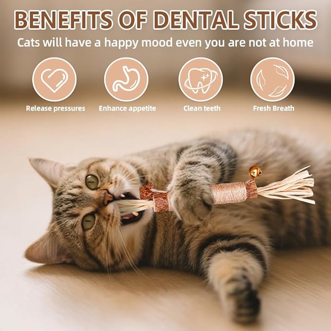 Natural Dried Matatabi Cat Chew Stick with Gall Fruit, Raffia Grass & Bell Cat Ball Toys, Handmade Silvervine Sticks Interactive Catnip Toys for Teething & Entertainment (Size M Color I)