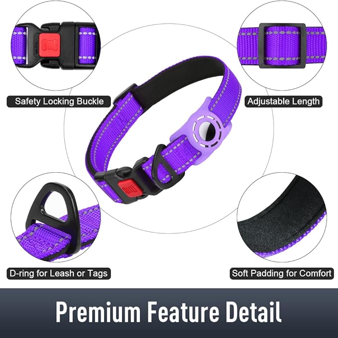 Airtag Dog Collar with AirTag Holder for Medium Dogs, Reflective, Soft Padded & Safety Locking Buckle, Nylon Pet Collars Adjustable for All Breeds, Purple,M