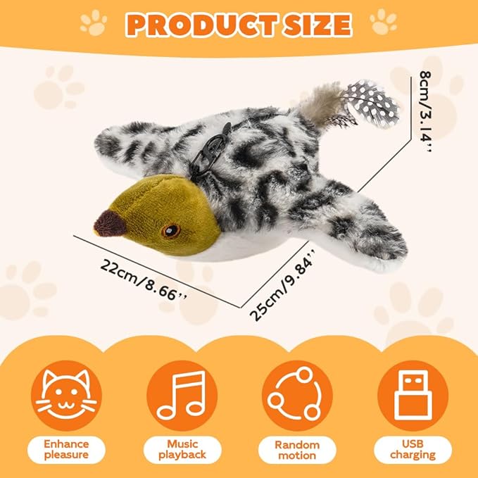 Flapping Bird Cat Toy, Interactive Chirping Bird Cat Toy, Simulated Chirping Bird Cat Toys Flapping Wings, Rechargeable, 3 Modes, Touch Activated (Sparrow #B)