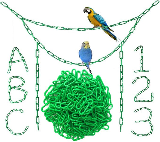 200-Piece Green Plastic Chain Links & Toys - Interlocking C-Clip Bird Cage Accessories for Parakeets, Sugar Gliders, Small Pets (Climbing/Swinging Toys)