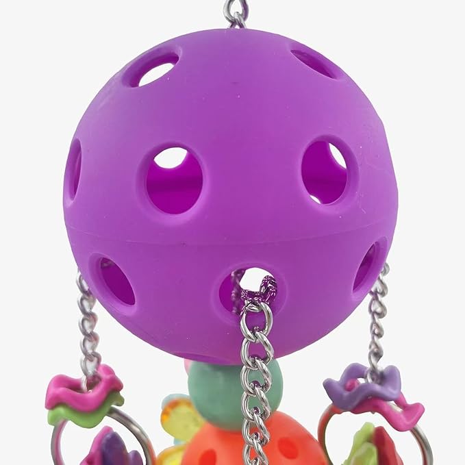 Pullable Bird Plastic Ball Toys with Acrylic Pacifiers and Flowers, Colorful Parrot Toys for Medium and Large Parrot Quaker Monk Parakeet Sun Conures (Purple)