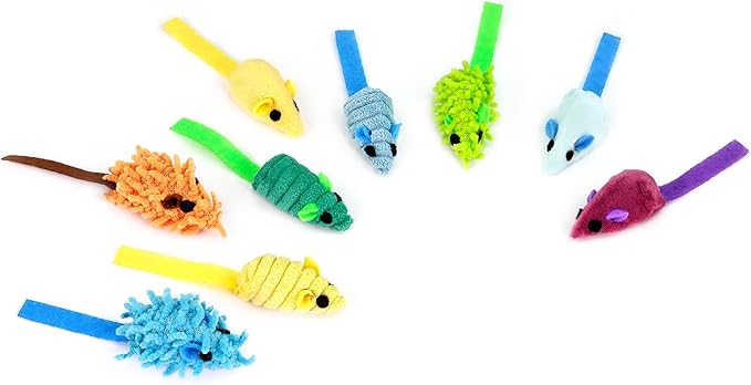 CHIWAVA 27PCS 2" Striped Shaggy Cat Toy Mice with Rattle Assorted Small Mouse Interactive Play for Indoor Cats Mix Color