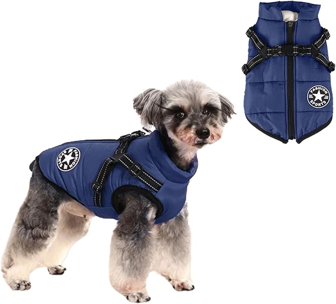 HDKUW Small Dog Jacket, Small Dog Coat Harness Winter Warm Vest Jacket Waterproof Cotton Costume for Puppy Small Dogs (XL, Blue)
