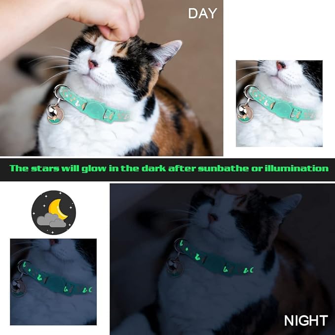 2PCS Breakaway Cat Collars with Bell Cute Kitty Glow in The Dark Adjustable Kitten Collars 7.9-13.0 Inch(Teal&Purple)