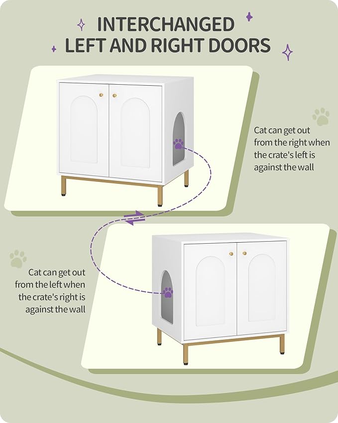 Cat Litter Box Enclosure, Hidden Litter Box Furniture Cabinet, Wooden Indoor Cat House, Side End Table, Living Room, Bedroom, White and Gold CB81203G