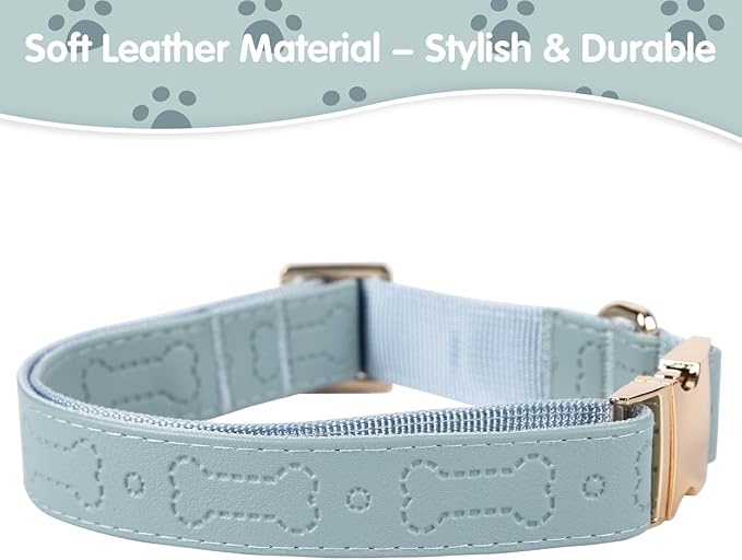 TDTOK Stylish Leather Dog Collar, Comfortable Soft PU Leather Dog Collars for Large Medium Small Dogs with Quick Metal Buckle, Adjustable Pet Collar with Cute Bone Pattern Design (Blue, M)