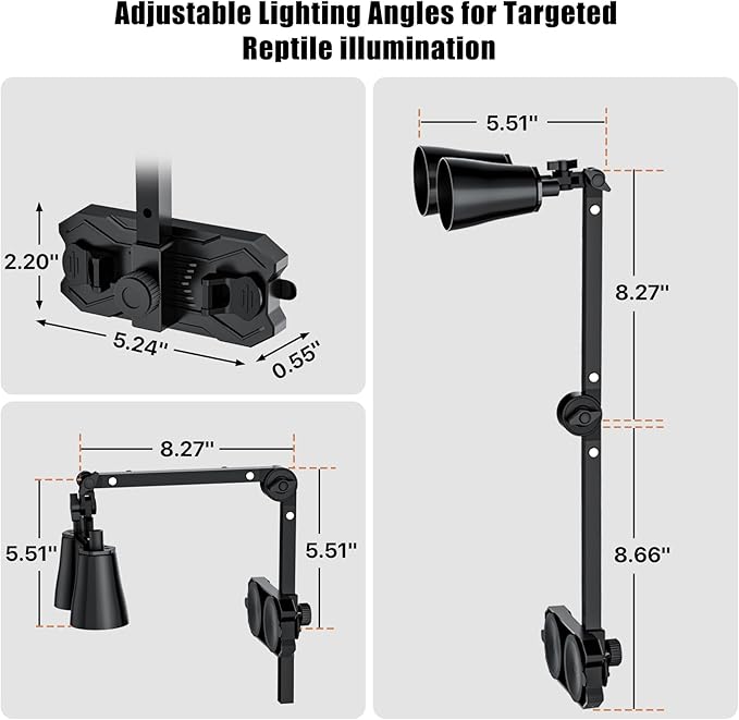 Dual Reptile Lamp Stand with Suction Cups, Adjustable Bracket for Terrariums, Dual‑Head Heat & Basking Lamp Holder with Ceramic Sockets and Separate Switches