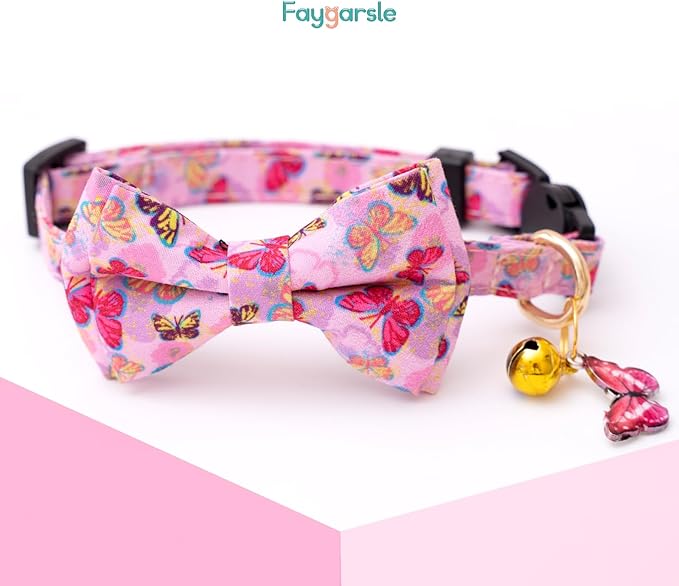 Faygarsle 2 Pack Breakaway Bowtie Cat Collar with Bell for Male Female Cats Soft Fancy Yellow Pink Bee Butterflies Pattern Spring Summer for Boy Girl Cats