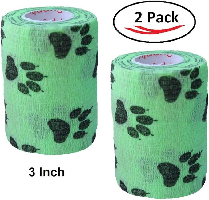 Vet Wrap Wrap Tape (Green with Paw Prints) (2 Pack) (3 Inch x 15 feet) Self Adhesive Adherent Adhering Cohesive Flex Self Stick Bandage Grip Roll Dog Cat Pet Horse