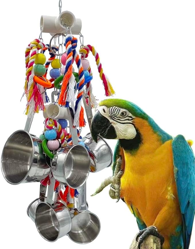 New Upgraded Metallic Pots and Multicolored Ring Toys, Pullable 8 Stainless Steel Cups and 8 Wooden Ring Toys for Large and Extra Large Parrot Amazons Macaws African Greys Cockatoos Eclectus
