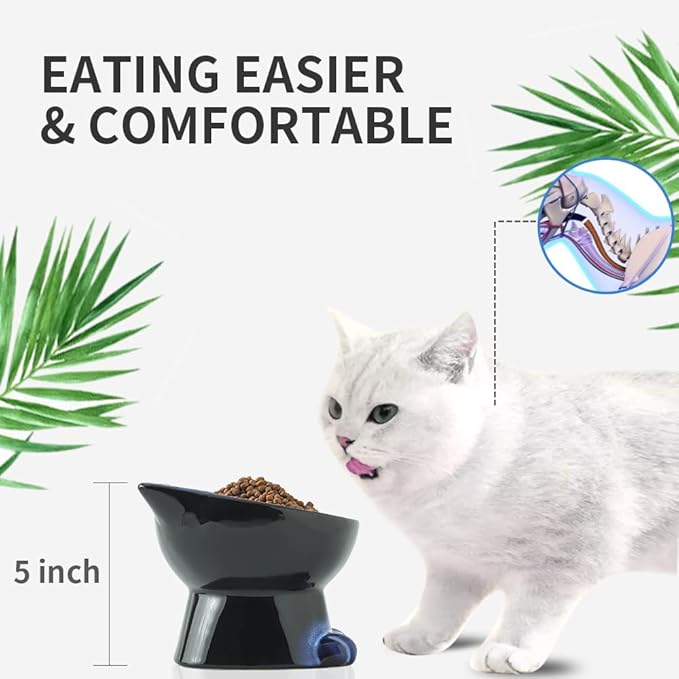 Nihow Slanted Elevated Cat Bowls: 6.25 Inch Ceramic Raised Cat Food Bowl for Protecting Pet's Spine - Microwave & Dishwasher Safe -Elegant Blue & Black (6.8 OZ /1 PC)