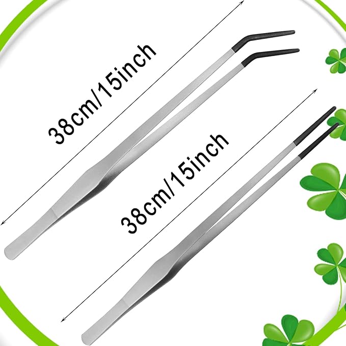 2Pcs Reptile Feeding Tong with Rubber Tip Aquarium Tweezers Stainless Steel Straight Curved Feeding Tong Long Handle Terrarium Feeder Tool for Tank Lizards Bearded Dragon Spider Snake (Silver, 15Inch)