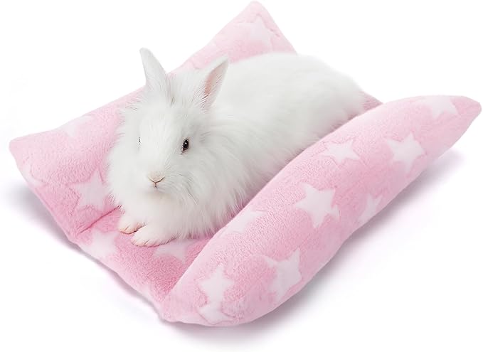 Soft Bunny Bed - 15.7" x 14" Rabbit Bed, Warm Cuddle Cushion Plush Mat for Guinea Pig, Ferret, Small Animal, Pink Stars