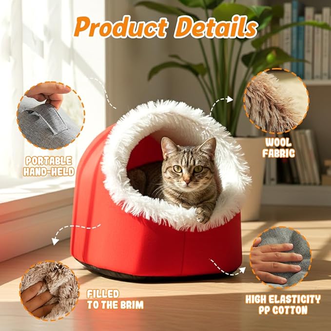 Winter Warm Pet Cave Bed, 2026 New Soft Plush Cozy Indoor Nest for Cats and Small Dogs, Removable Cushion Warming Pets Cozy Enclosed Cat House with Non-Slip Bottom for Winter (Brown, Large)