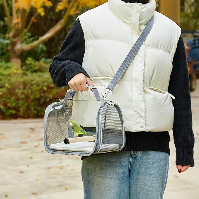 Portable Small Pet Carrier Bag – Travel Bird Cage for Parrots, Parakeets, Cockatiels, Hamsters, Lizard and Vet Visit with Shoulder Straps & Side Access (Includes tray and stand, Gray, 10.2*7.5*7.6in)
