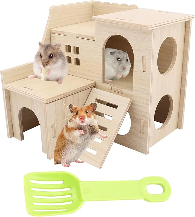 Wooden Dwarf Hamster House, Hamster Tiny House Hideout, Hamster Maze House, Large Balcony Lookout Holes, Easy to Assemble, Detachable Parts, Secure Hideaway, C