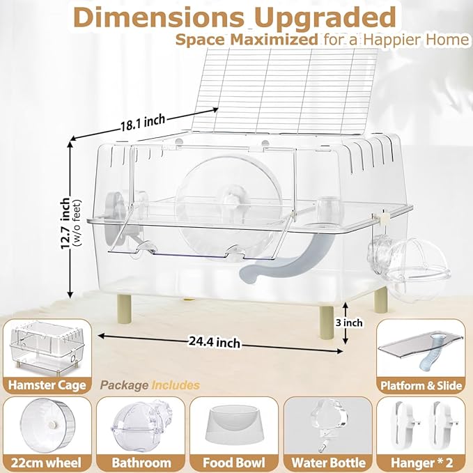 Large Hamster Cage,Crystal Clear Acrylic Hamster Cage with Stand,24.4''L*18.1''W*15.8''H Pet Mouse Cage for Pet Mice,Crystal Mouse Habitat,Hamster Enclosure with Modular Platform,Hamster Starter Kit