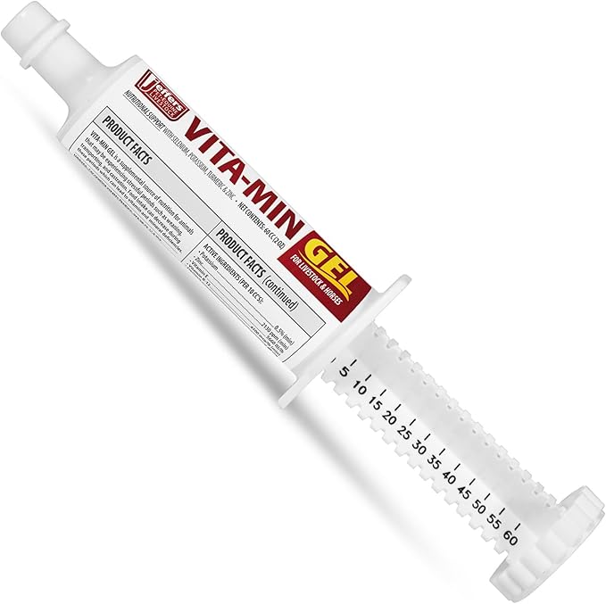 Jeffers Vita-Min Gel for Livestock & Horses – Multivitamin & Mineral Supplement with Selenium, Zinc, Potassium & Turmeric – Easy Oral Gel for Cattle, Goats, Sheep & Pig – 60 CC (2 OZ) Tube