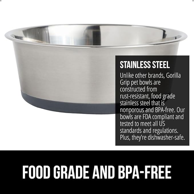 GORILLA GRIP Dog Bowls, Holds 4 Cups Each (32 fl oz), Heavy Duty Stainless Steel Food and Water Bowl for Feeding Dogs and Cats, Dishwasher Safe, Rust Resistant, BPA Free Rubber Base, Set of 2 Gray