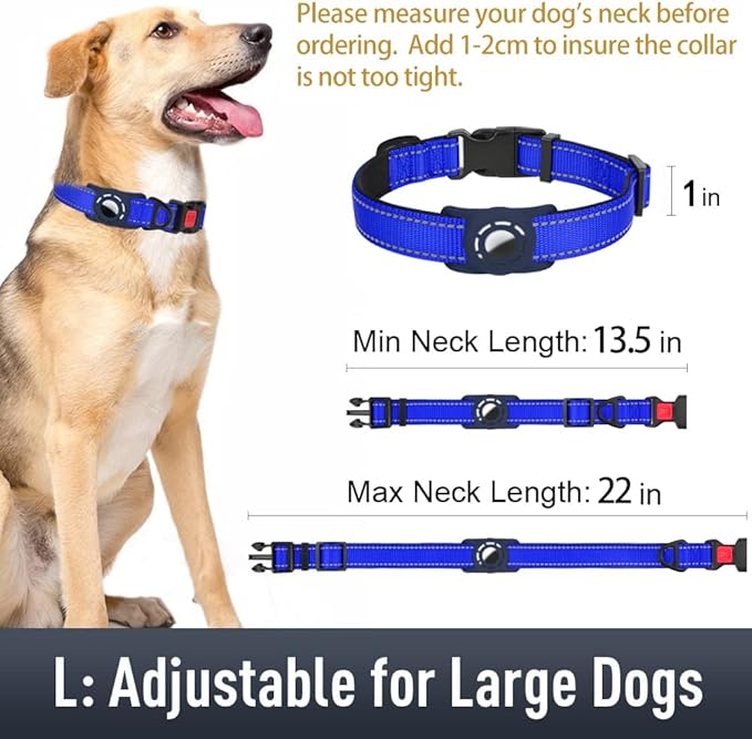 Airtag Dog Collar with AirTag Holder for Large Dogs, Reflective, Soft Padded & Safety Locking Buckle, Nylon Pet Collars Adjustable for All Breeds, NavyBlue,L