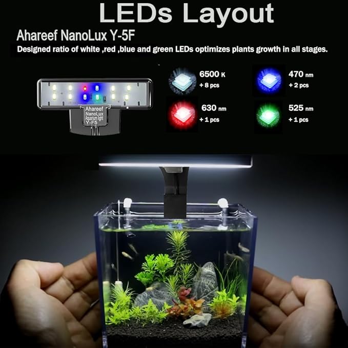 Mini Clip-On Aquarium Light 5W Full Spectrum LED Fish Nano Tank Light with Timer & Dimmer and 3 Lighting Modes for Freshwater Plants & Tropical Fish Ideal for 4–14 Inch Tanks (1-5 Gallons)
