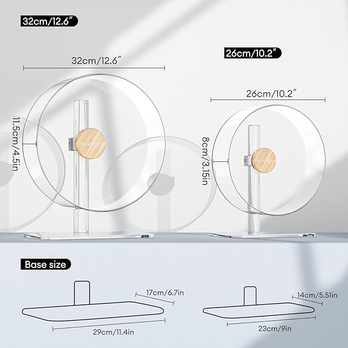 BUCATSTATE Hamster Wheel Silent 12.5inch, Acrylic Hamster Exercise Wheel with Stable Adjustable Stand Running Wheel for Golden Bear Hamster, Sugar Gliders, Rats, Hedgehogs (Transparent)
