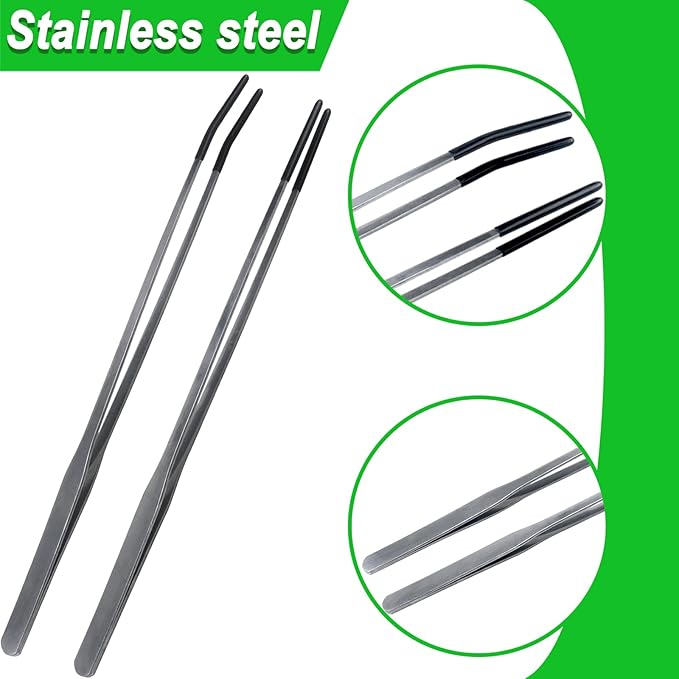2Pcs Reptile Feeding Tong with Rubber Tip Aquarium Tweezers Stainless Steel Straight Curved Feeding Tong Long Handle Terrarium Feeder Tool for Tank Lizards Bearded Dragon Spider Snake