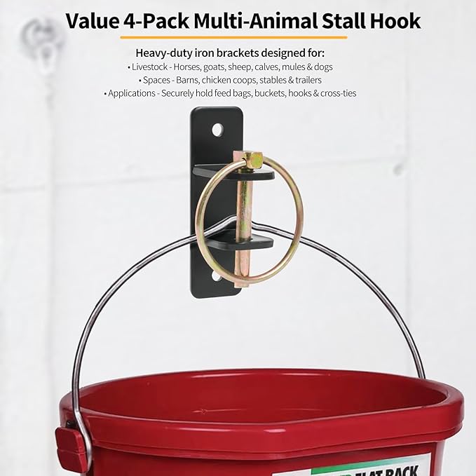 4 PCS Water Bucket Hooks with Quick Release Pin, Heavy Duty Wall Mounted Horse Feed Hooks Holder for Horse Stall/Stable Pet Animals Supplies