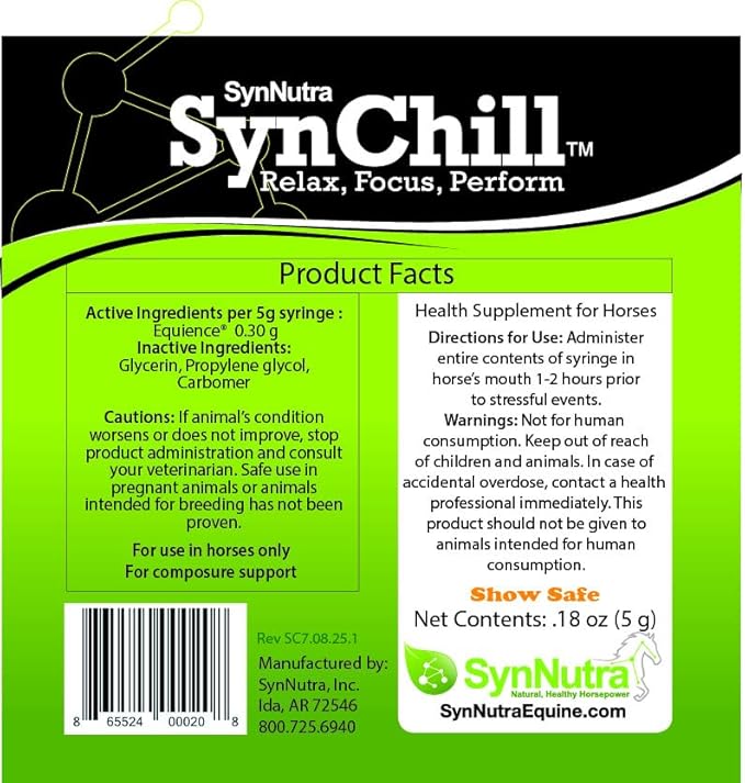 SynChill Oral Horse Calming Gel, 100% Natural & Nutritional Supplement, Lab Proven Results, Designed for Focus & Performance, Approved by Olympic Professionals & Veterinarians, Made in USA - 5 Pack