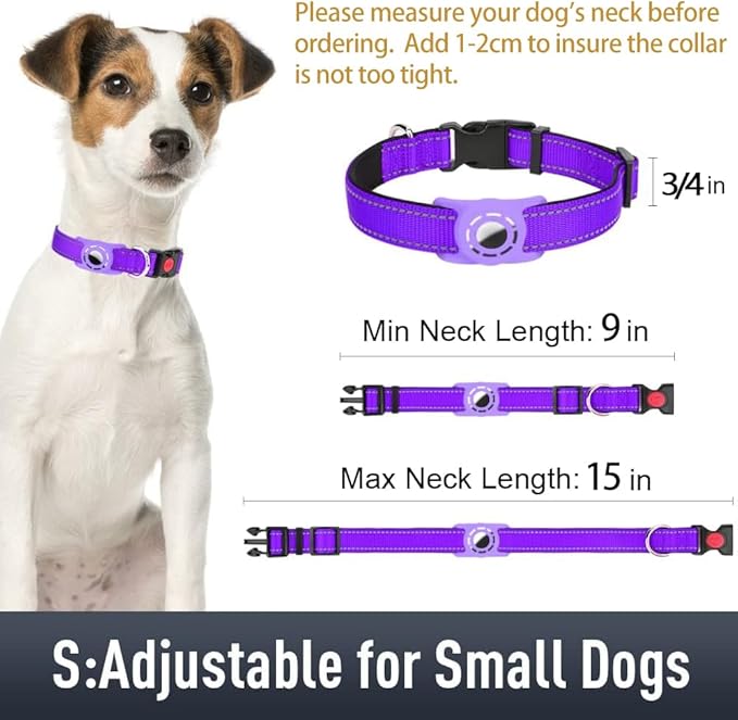 Airtag Dog Collar with AirTag Holder for Small Dogs, Reflective, Soft Padded & Safety Locking Buckle, Nylon Pet Collars Adjustable for All Breeds, Purple,S