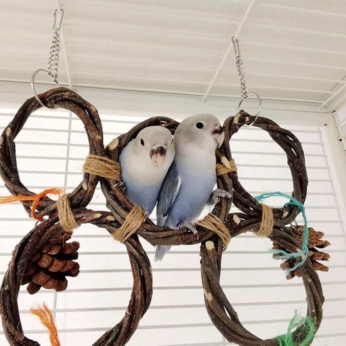 Circle Straw Bird Swing Stand Bird Perches Stand Hanging Chewing Toy for Parrots Bird Playground Cage Accessories Climbing Rope Net Ladders for Foraging Toys（Random Color） (4 Rings)