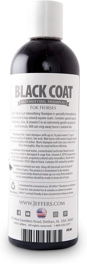 Jeffers Equine Black Coat Shampoo for Horses – Enhances Black & Bay Coats, Soap & Detergent Free, Coconut Oil Formula with Aloe & Vitamin E – Deep Cleansing Horse Grooming & Show Prep – 16 oz