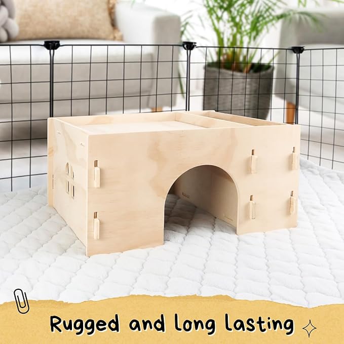 Guinea Pig Hideout with Hay Feeder & Absorbent Mat, Wooden Chinchilla House with Multiple Window, Small Animal Hut Castle for Dwarf Rabbit