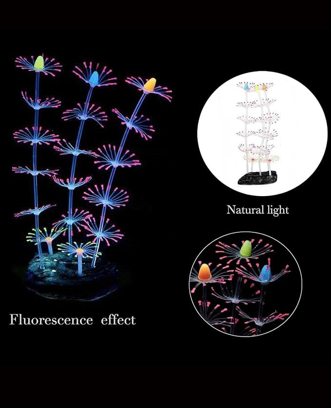 4 Pieces Aquarium Fish Tank Decorations with Glowing Effect, Silicone Glow Artificial Ornament Coral Reef Plants for Aquarium Decoration Small and Large Fish Bowl Decor Accessories